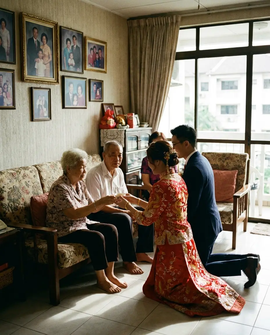 A bride in a red qun kua serving tea to her grandparents at a family home in KL