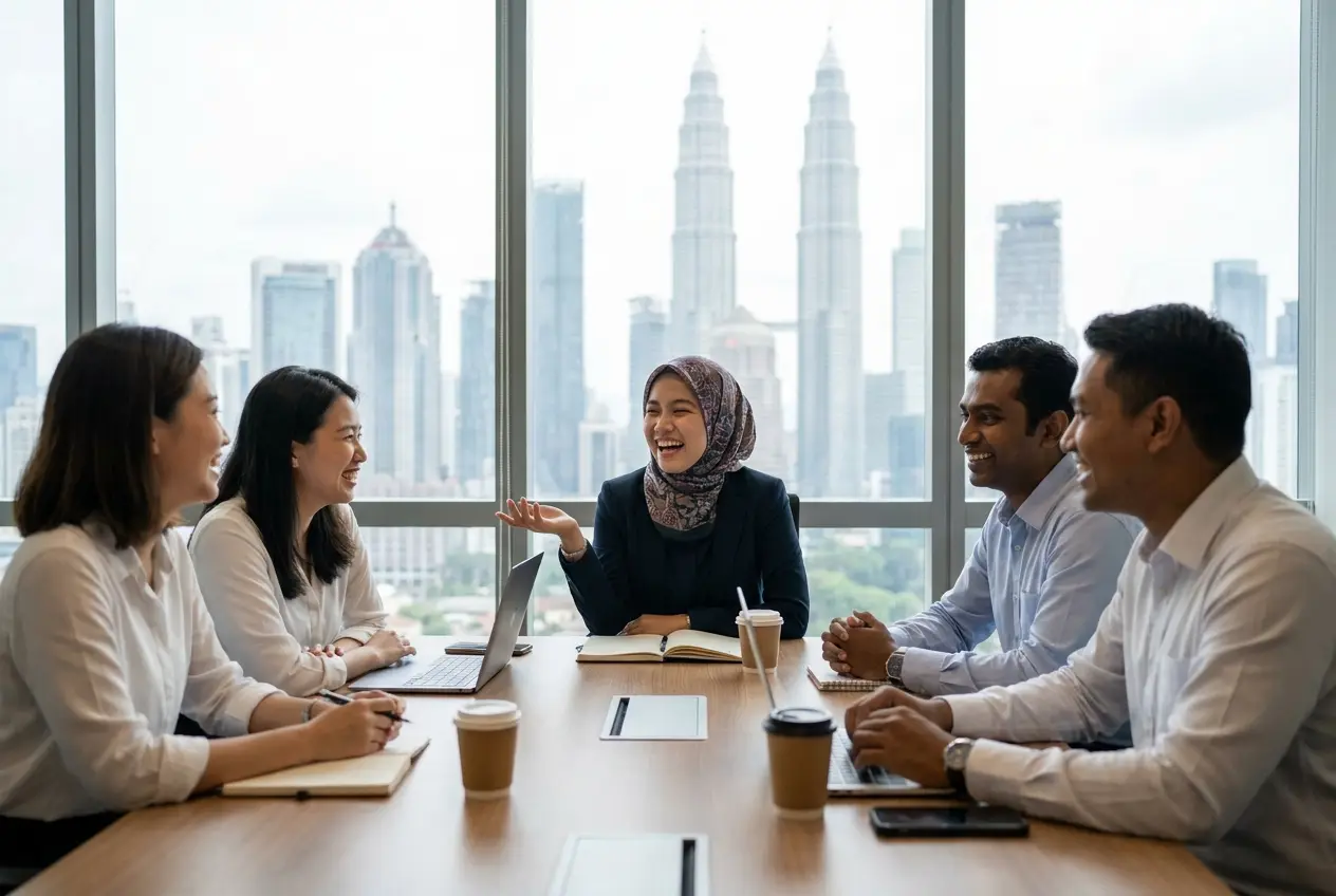 A founder in a tudung laughing with her team in a KL office with a city view