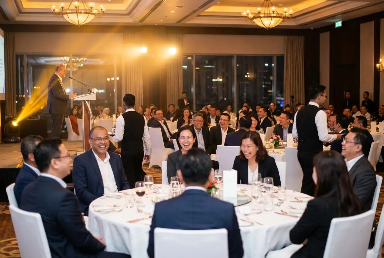 Guests laughing at a speaker during a corporate dinner in a KL hotel ballroom
