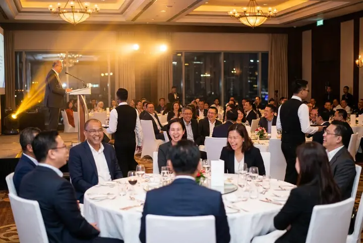 Guests laughing at a speaker during a corporate dinner in a KL hotel ballroom