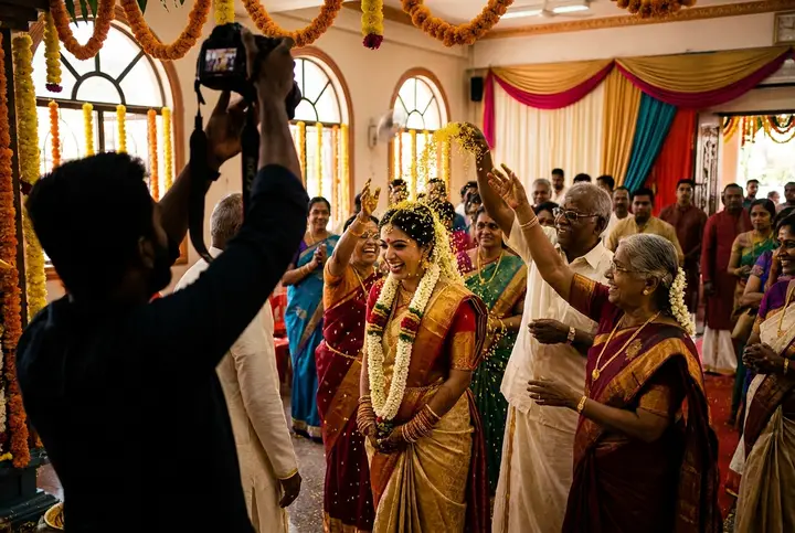 An Indian bride in a gold and red saree as guests shower yellow rice in a temple hall