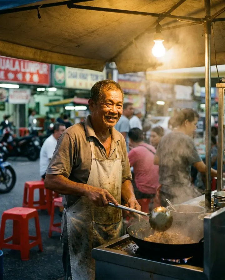 A char kway teow hawker standing proudly at his stall at night
