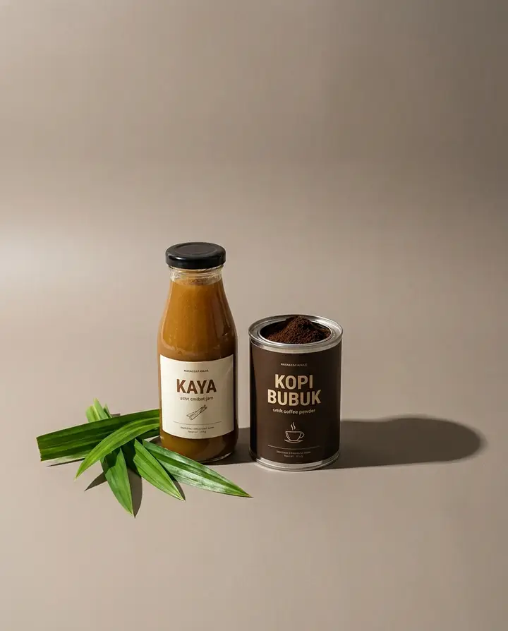A bottle of kaya and a tin of kopi powder with pandan leaves on grey paper