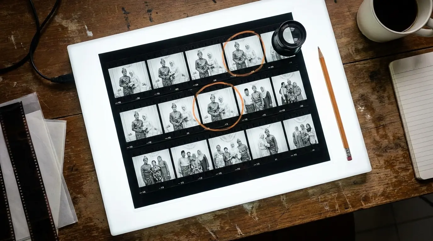 A black and white wedding contact sheet on the light table, selects circled in orange, a loupe resting on it