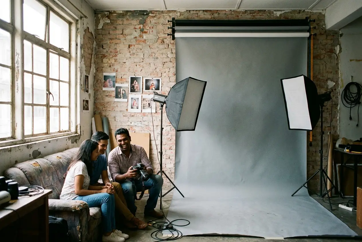 Arvind reviewing shots on the camera with a couple in the Brickfields studio