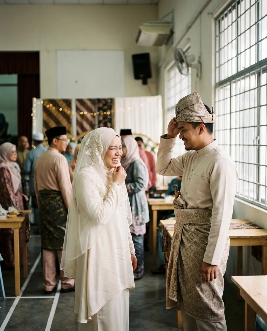 A Malay bride in ivory laughing as the groom adjusts his tanjak in a community hall