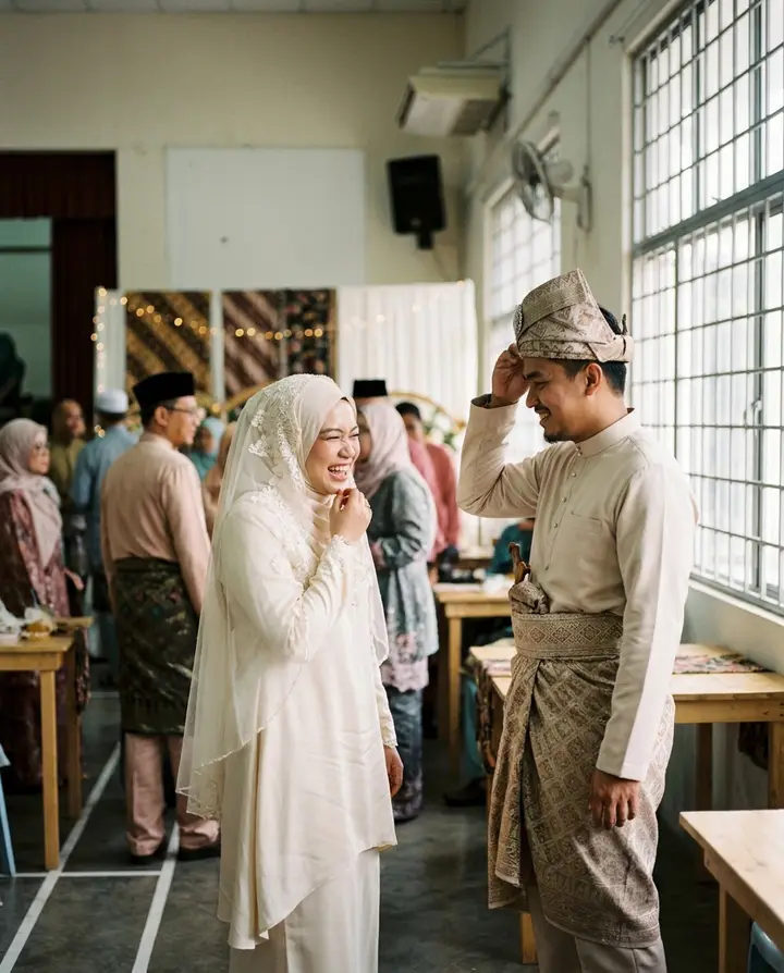 A Malay bride in ivory laughing as the groom adjusts his tanjak in a community hall